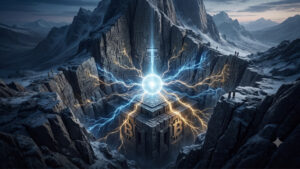 Paisaje épico de montañas nevadas y gargantas rocosas oscuras. En el centro de la escena, un brillante orbe de energía emite intensos rayos eléctricos de color azul y dorado. Debajo del orbe descansa una monumental estructura de piedra de aspecto antiguo, en forma de cubo, que tiene el logotipo de Bitcoin tallado en relieve en sus caras. En la inmensa pared de roca que se alza justo detrás de la luz, está grabado el logotipo de Tether. Las rocas circundantes presentan patrones geométricos tallados que recuerdan a circuitos electrónicos. En los bordes de los acantilados, diminutas siluetas humanas observan el espectáculo, acentuando la escala colosal de la escena.