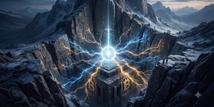 Paisaje épico de montañas nevadas y gargantas rocosas oscuras. En el centro de la escena, un brillante orbe de energía emite intensos rayos eléctricos de color azul y dorado. Debajo del orbe descansa una monumental estructura de piedra de aspecto antiguo, en forma de cubo, que tiene el logotipo de Bitcoin tallado en relieve en sus caras. En la inmensa pared de roca que se alza justo detrás de la luz, está grabado el logotipo de Tether. Las rocas circundantes presentan patrones geométricos tallados que recuerdan a circuitos electrónicos. En los bordes de los acantilados, diminutas siluetas humanas observan el espectáculo, acentuando la escala colosal de la escena.