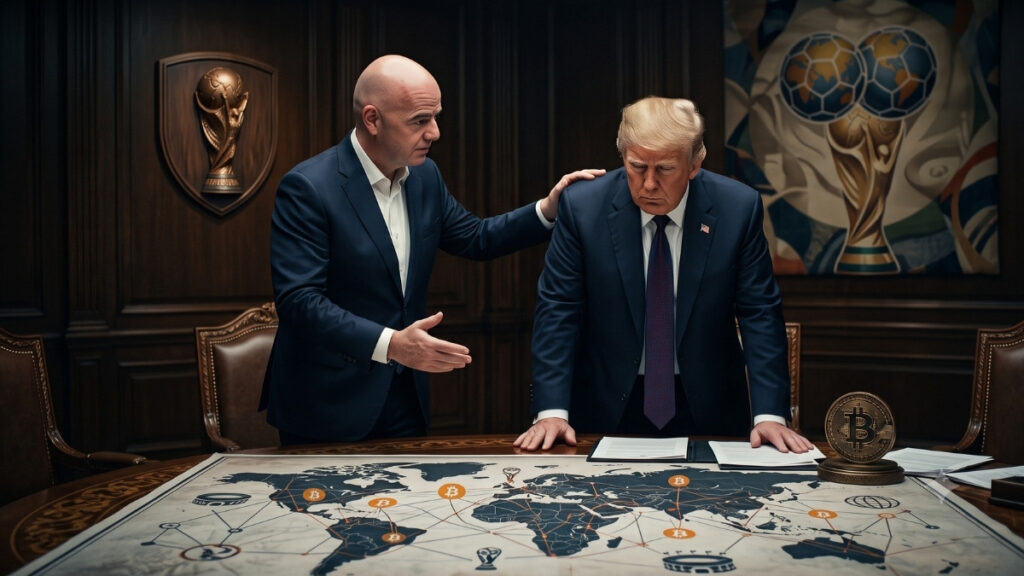 Fotografía fotorrealista en formato 16:9 que muestra a Gianni Infantino y Donald Trump en una elegante sala de juntas con paneles de madera oscura. Infantino, a la izquierda, está de pie y tiene una mano apoyada en el hombro de Trump en un gesto de consuelo o apoyo, mientras con la otra mano gesticula hacia una gran mesa. Trump, a la derecha, se apoya sobre la mesa mirando hacia abajo con una expresión seria, sombría y reflexiva. Sobre la gran mesa central hay desplegado un mapamundi que muestra una red de líneas interconectadas y múltiples logotipos de Bitcoin distribuidos por diferentes continentes. En el lado derecho de la mesa destaca una moneda física tridimensional de Bitcoin sobre un pequeño pedestal. En la pared del fondo se aprecian dos elementos decorativos: a la izquierda, un escudo de madera que exhibe la copa de la FIFA, y a la derecha, un cuadro artístico que fusiona balones de fútbol con la forma del planeta Tierra. La iluminación es tenue y dramática, transmitiendo una atmósfera de tensión y decisiones de alto nivel.