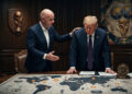 Fotografía fotorrealista en formato 16:9 que muestra a Gianni Infantino y Donald Trump en una elegante sala de juntas con paneles de madera oscura. Infantino, a la izquierda, está de pie y tiene una mano apoyada en el hombro de Trump en un gesto de consuelo o apoyo, mientras con la otra mano gesticula hacia una gran mesa. Trump, a la derecha, se apoya sobre la mesa mirando hacia abajo con una expresión seria, sombría y reflexiva. Sobre la gran mesa central hay desplegado un mapamundi que muestra una red de líneas interconectadas y múltiples logotipos de Bitcoin distribuidos por diferentes continentes. En el lado derecho de la mesa destaca una moneda física tridimensional de Bitcoin sobre un pequeño pedestal. En la pared del fondo se aprecian dos elementos decorativos: a la izquierda, un escudo de madera que exhibe la copa de la FIFA, y a la derecha, un cuadro artístico que fusiona balones de fútbol con la forma del planeta Tierra. La iluminación es tenue y dramática, transmitiendo una atmósfera de tensión y decisiones de alto nivel.