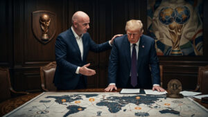 Fotografía fotorrealista en formato 16:9 que muestra a Gianni Infantino y Donald Trump en una elegante sala de juntas con paneles de madera oscura. Infantino, a la izquierda, está de pie y tiene una mano apoyada en el hombro de Trump en un gesto de consuelo o apoyo, mientras con la otra mano gesticula hacia una gran mesa. Trump, a la derecha, se apoya sobre la mesa mirando hacia abajo con una expresión seria, sombría y reflexiva. Sobre la gran mesa central hay desplegado un mapamundi que muestra una red de líneas interconectadas y múltiples logotipos de Bitcoin distribuidos por diferentes continentes. En el lado derecho de la mesa destaca una moneda física tridimensional de Bitcoin sobre un pequeño pedestal. En la pared del fondo se aprecian dos elementos decorativos: a la izquierda, un escudo de madera que exhibe la copa de la FIFA, y a la derecha, un cuadro artístico que fusiona balones de fútbol con la forma del planeta Tierra. La iluminación es tenue y dramática, transmitiendo una atmósfera de tensión y decisiones de alto nivel.