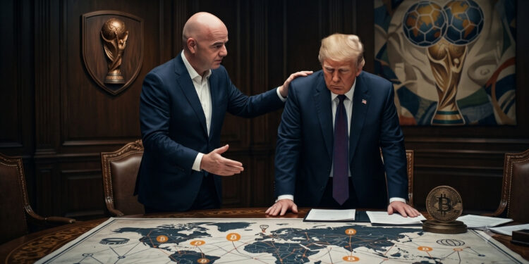 Fotografía fotorrealista en formato 16:9 que muestra a Gianni Infantino y Donald Trump en una elegante sala de juntas con paneles de madera oscura. Infantino, a la izquierda, está de pie y tiene una mano apoyada en el hombro de Trump en un gesto de consuelo o apoyo, mientras con la otra mano gesticula hacia una gran mesa. Trump, a la derecha, se apoya sobre la mesa mirando hacia abajo con una expresión seria, sombría y reflexiva. Sobre la gran mesa central hay desplegado un mapamundi que muestra una red de líneas interconectadas y múltiples logotipos de Bitcoin distribuidos por diferentes continentes. En el lado derecho de la mesa destaca una moneda física tridimensional de Bitcoin sobre un pequeño pedestal. En la pared del fondo se aprecian dos elementos decorativos: a la izquierda, un escudo de madera que exhibe la copa de la FIFA, y a la derecha, un cuadro artístico que fusiona balones de fútbol con la forma del planeta Tierra. La iluminación es tenue y dramática, transmitiendo una atmósfera de tensión y decisiones de alto nivel.