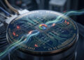 Primer plano de un procesador cuántico futurista de forma circular con el logotipo de la 'G' de Google integrado físicamente en el centro. El chip está compuesto por intrincados circuitos dorados y es atravesado por flujos de luz brillante en tonos azules y verdes, que representan un flujo constante de datos y autocalibración. A lo largo de los circuitos se observan pequeños destellos rojos que simbolizan la detección y corrección de errores en tiempo real. El hardware está montado sobre una estructura metálica en un entorno oscuro y de alta tecnología.