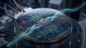 Primer plano de un procesador cuántico futurista de forma circular con el logotipo de la 'G' de Google integrado físicamente en el centro. El chip está compuesto por intrincados circuitos dorados y es atravesado por flujos de luz brillante en tonos azules y verdes, que representan un flujo constante de datos y autocalibración. A lo largo de los circuitos se observan pequeños destellos rojos que simbolizan la detección y corrección de errores en tiempo real. El hardware está montado sobre una estructura metálica en un entorno oscuro y de alta tecnología.