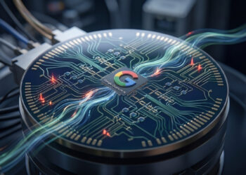 Primer plano de un procesador cuántico futurista de forma circular con el logotipo de la 'G' de Google integrado físicamente en el centro. El chip está compuesto por intrincados circuitos dorados y es atravesado por flujos de luz brillante en tonos azules y verdes, que representan un flujo constante de datos y autocalibración. A lo largo de los circuitos se observan pequeños destellos rojos que simbolizan la detección y corrección de errores en tiempo real. El hardware está montado sobre una estructura metálica en un entorno oscuro y de alta tecnología.