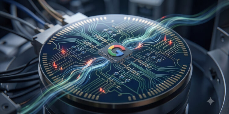 Primer plano de un procesador cuántico futurista de forma circular con el logotipo de la 'G' de Google integrado físicamente en el centro. El chip está compuesto por intrincados circuitos dorados y es atravesado por flujos de luz brillante en tonos azules y verdes, que representan un flujo constante de datos y autocalibración. A lo largo de los circuitos se observan pequeños destellos rojos que simbolizan la detección y corrección de errores en tiempo real. El hardware está montado sobre una estructura metálica en un entorno oscuro y de alta tecnología.