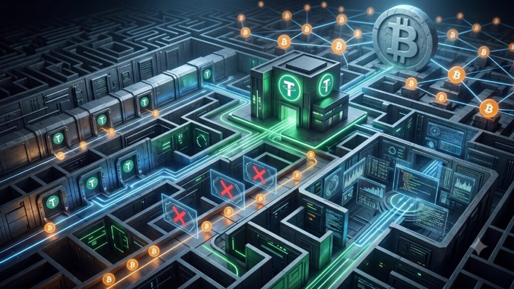 Una ilustración digital de estilo cibernético que muestra un intrincado laberinto metálico o placa de circuito tridimensional. En el centro, destacan estructuras que emiten luz verde con el logo de Tether (USDT), de las cuales surgen flujos de datos luminosos que recorren los pasillos. Estos caminos se conectan con una gran moneda de piedra tallada con el logo de Bitcoin y con una red de nodos brillantes de color naranja que también llevan el símbolo de Bitcoin. En varios puntos de los canales de datos azules y verdes, se levantan barreras holográficas rojas con grandes cruces ("X"), simbolizando el bloqueo o la restricción del flujo de fondos. La escena transmite una atmósfera de alta tecnología, control de red y complejidad técnica, sin utilizar palabras escritas.