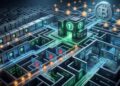 Una ilustración digital de estilo cibernético que muestra un intrincado laberinto metálico o placa de circuito tridimensional. En el centro, destacan estructuras que emiten luz verde con el logo de Tether (USDT), de las cuales surgen flujos de datos luminosos que recorren los pasillos. Estos caminos se conectan con una gran moneda de piedra tallada con el logo de Bitcoin y con una red de nodos brillantes de color naranja que también llevan el símbolo de Bitcoin. En varios puntos de los canales de datos azules y verdes, se levantan barreras holográficas rojas con grandes cruces ("X"), simbolizando el bloqueo o la restricción del flujo de fondos. La escena transmite una atmósfera de alta tecnología, control de red y complejidad técnica, sin utilizar palabras escritas.