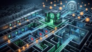 Una ilustración digital de estilo cibernético que muestra un intrincado laberinto metálico o placa de circuito tridimensional. En el centro, destacan estructuras que emiten luz verde con el logo de Tether (USDT), de las cuales surgen flujos de datos luminosos que recorren los pasillos. Estos caminos se conectan con una gran moneda de piedra tallada con el logo de Bitcoin y con una red de nodos brillantes de color naranja que también llevan el símbolo de Bitcoin. En varios puntos de los canales de datos azules y verdes, se levantan barreras holográficas rojas con grandes cruces ("X"), simbolizando el bloqueo o la restricción del flujo de fondos. La escena transmite una atmósfera de alta tecnología, control de red y complejidad técnica, sin utilizar palabras escritas.