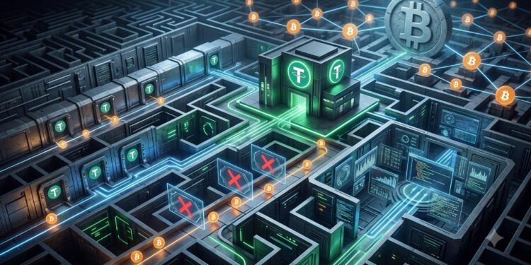 Una ilustración digital de estilo cibernético que muestra un intrincado laberinto metálico o placa de circuito tridimensional. En el centro, destacan estructuras que emiten luz verde con el logo de Tether (USDT), de las cuales surgen flujos de datos luminosos que recorren los pasillos. Estos caminos se conectan con una gran moneda de piedra tallada con el logo de Bitcoin y con una red de nodos brillantes de color naranja que también llevan el símbolo de Bitcoin. En varios puntos de los canales de datos azules y verdes, se levantan barreras holográficas rojas con grandes cruces ("X"), simbolizando el bloqueo o la restricción del flujo de fondos. La escena transmite una atmósfera de alta tecnología, control de red y complejidad técnica, sin utilizar palabras escritas.