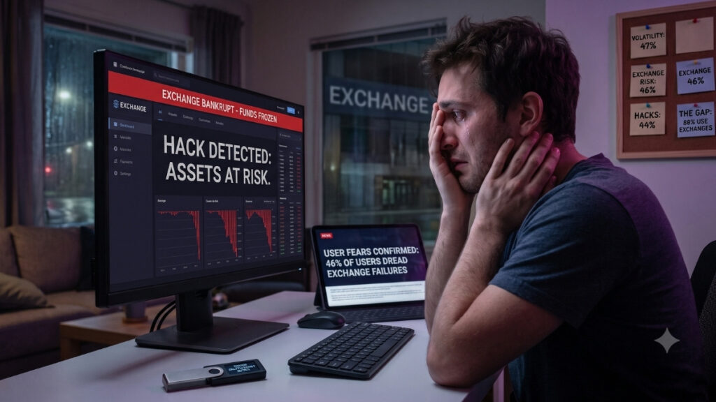 Un joven visiblemente angustiado, llevándose las manos al rostro con lágrimas, frente a la pantalla de su computadora en una habitación oscura. El monitor muestra la interfaz de un exchange de criptomonedas con alertas rojas que advierten "Hackeo detectado: Activos en riesgo" y "Exchange en bancarrota - Fondos congelados", junto a gráficos financieros en caída libre. Sobre el escritorio, en primer plano, descansa un monedero frío (hardware wallet) sin utilizar, junto a un teclado y un ratón. A un lado, una tableta muestra un titular de noticias en inglés sobre el temor del 46% de los usuarios a la quiebra de los exchanges. Al fondo se observa una ventana lluviosa y un tablero de corcho con notas adhesivas que reflejan estadísticas sobre los riesgos del mercado cripto, creando una atmósfera de pérdida y desesperación financiera.