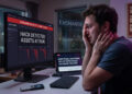 Un joven visiblemente angustiado, llevándose las manos al rostro con lágrimas, frente a la pantalla de su computadora en una habitación oscura. El monitor muestra la interfaz de un exchange de criptomonedas con alertas rojas que advierten "Hackeo detectado: Activos en riesgo" y "Exchange en bancarrota - Fondos congelados", junto a gráficos financieros en caída libre. Sobre el escritorio, en primer plano, descansa un monedero frío (hardware wallet) sin utilizar, junto a un teclado y un ratón. A un lado, una tableta muestra un titular de noticias en inglés sobre el temor del 46% de los usuarios a la quiebra de los exchanges. Al fondo se observa una ventana lluviosa y un tablero de corcho con notas adhesivas que reflejan estadísticas sobre los riesgos del mercado cripto, creando una atmósfera de pérdida y desesperación financiera.