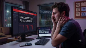 Un joven visiblemente angustiado, llevándose las manos al rostro con lágrimas, frente a la pantalla de su computadora en una habitación oscura. El monitor muestra la interfaz de un exchange de criptomonedas con alertas rojas que advierten "Hackeo detectado: Activos en riesgo" y "Exchange en bancarrota - Fondos congelados", junto a gráficos financieros en caída libre. Sobre el escritorio, en primer plano, descansa un monedero frío (hardware wallet) sin utilizar, junto a un teclado y un ratón. A un lado, una tableta muestra un titular de noticias en inglés sobre el temor del 46% de los usuarios a la quiebra de los exchanges. Al fondo se observa una ventana lluviosa y un tablero de corcho con notas adhesivas que reflejan estadísticas sobre los riesgos del mercado cripto, creando una atmósfera de pérdida y desesperación financiera.