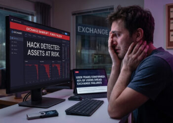 Un joven visiblemente angustiado, llevándose las manos al rostro con lágrimas, frente a la pantalla de su computadora en una habitación oscura. El monitor muestra la interfaz de un exchange de criptomonedas con alertas rojas que advierten "Hackeo detectado: Activos en riesgo" y "Exchange en bancarrota - Fondos congelados", junto a gráficos financieros en caída libre. Sobre el escritorio, en primer plano, descansa un monedero frío (hardware wallet) sin utilizar, junto a un teclado y un ratón. A un lado, una tableta muestra un titular de noticias en inglés sobre el temor del 46% de los usuarios a la quiebra de los exchanges. Al fondo se observa una ventana lluviosa y un tablero de corcho con notas adhesivas que reflejan estadísticas sobre los riesgos del mercado cripto, creando una atmósfera de pérdida y desesperación financiera.