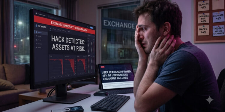 Un joven visiblemente angustiado, llevándose las manos al rostro con lágrimas, frente a la pantalla de su computadora en una habitación oscura. El monitor muestra la interfaz de un exchange de criptomonedas con alertas rojas que advierten "Hackeo detectado: Activos en riesgo" y "Exchange en bancarrota - Fondos congelados", junto a gráficos financieros en caída libre. Sobre el escritorio, en primer plano, descansa un monedero frío (hardware wallet) sin utilizar, junto a un teclado y un ratón. A un lado, una tableta muestra un titular de noticias en inglés sobre el temor del 46% de los usuarios a la quiebra de los exchanges. Al fondo se observa una ventana lluviosa y un tablero de corcho con notas adhesivas que reflejan estadísticas sobre los riesgos del mercado cripto, creando una atmósfera de pérdida y desesperación financiera.