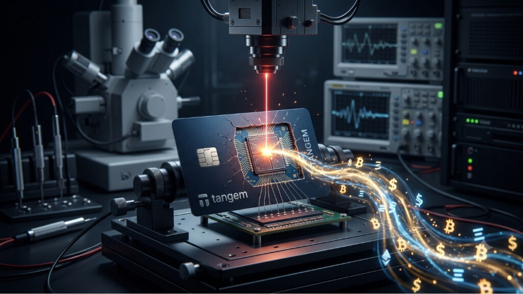 Una tarjeta negra de billetera de hardware con el logotipo de Tangem está montada en una placa de pruebas dentro de un laboratorio de alta tecnología. La superficie de la tarjeta está físicamente rota en el centro, exponiendo su microchip de silicio interno. Un fino rayo láser rojo desciende desde un equipo superior e impacta directamente sobre el chip. Desde el punto de impacto del láser, brota una estela de luz brillante en tonos dorados y azules que arrastra símbolos luminosos de criptomonedas y dinero, fluyendo hacia afuera para representar el drenaje de los fondos. En el fondo oscuro y desenfocado se aprecia equipamiento técnico avanzado, como un microscopio, un osciloscopio y diversas conexiones por cable.