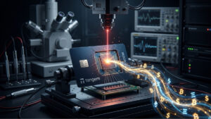 Una tarjeta negra de billetera de hardware con el logotipo de Tangem está montada en una placa de pruebas dentro de un laboratorio de alta tecnología. La superficie de la tarjeta está físicamente rota en el centro, exponiendo su microchip de silicio interno. Un fino rayo láser rojo desciende desde un equipo superior e impacta directamente sobre el chip. Desde el punto de impacto del láser, brota una estela de luz brillante en tonos dorados y azules que arrastra símbolos luminosos de criptomonedas y dinero, fluyendo hacia afuera para representar el drenaje de los fondos. En el fondo oscuro y desenfocado se aprecia equipamiento técnico avanzado, como un microscopio, un osciloscopio y diversas conexiones por cable.