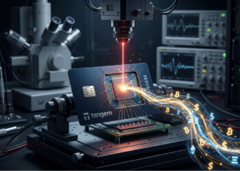 Una tarjeta negra de billetera de hardware con el logotipo de Tangem está montada en una placa de pruebas dentro de un laboratorio de alta tecnología. La superficie de la tarjeta está físicamente rota en el centro, exponiendo su microchip de silicio interno. Un fino rayo láser rojo desciende desde un equipo superior e impacta directamente sobre el chip. Desde el punto de impacto del láser, brota una estela de luz brillante en tonos dorados y azules que arrastra símbolos luminosos de criptomonedas y dinero, fluyendo hacia afuera para representar el drenaje de los fondos. En el fondo oscuro y desenfocado se aprecia equipamiento técnico avanzado, como un microscopio, un osciloscopio y diversas conexiones por cable.