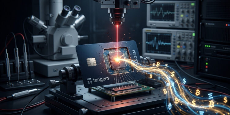Una tarjeta negra de billetera de hardware con el logotipo de Tangem está montada en una placa de pruebas dentro de un laboratorio de alta tecnología. La superficie de la tarjeta está físicamente rota en el centro, exponiendo su microchip de silicio interno. Un fino rayo láser rojo desciende desde un equipo superior e impacta directamente sobre el chip. Desde el punto de impacto del láser, brota una estela de luz brillante en tonos dorados y azules que arrastra símbolos luminosos de criptomonedas y dinero, fluyendo hacia afuera para representar el drenaje de los fondos. En el fondo oscuro y desenfocado se aprecia equipamiento técnico avanzado, como un microscopio, un osciloscopio y diversas conexiones por cable.