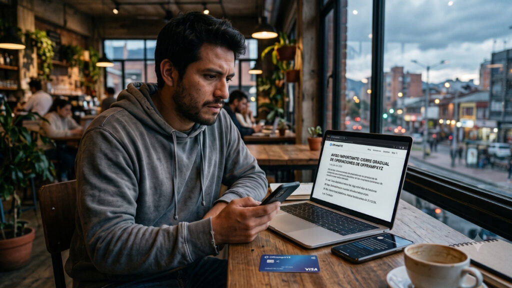 Fotografía en formato 16:9 de un joven latinoamericano con expresión de preocupación, sentado en una cafetería junto a una gran ventana. El joven sostiene su teléfono celular mientras mira la pantalla de su computadora portátil, la cual muestra un comunicado oficial titulado "Aviso importante: Cierre gradual de operaciones de OfframpXYZ". Sobre la mesa de madera rústica se observa una tarjeta bancaria azul de la marca Visa y una taza de café. La escena transmite la tensión de un freelancer afectado por el cierre de la plataforma financiera.