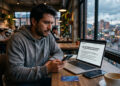 Fotografía en formato 16:9 de un joven latinoamericano con expresión de preocupación, sentado en una cafetería junto a una gran ventana. El joven sostiene su teléfono celular mientras mira la pantalla de su computadora portátil, la cual muestra un comunicado oficial titulado "Aviso importante: Cierre gradual de operaciones de OfframpXYZ". Sobre la mesa de madera rústica se observa una tarjeta bancaria azul de la marca Visa y una taza de café. La escena transmite la tensión de un freelancer afectado por el cierre de la plataforma financiera.
