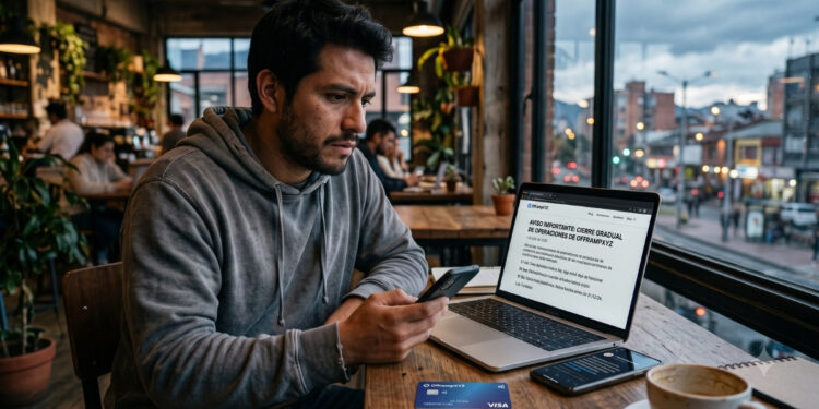 Fotografía en formato 16:9 de un joven latinoamericano con expresión de preocupación, sentado en una cafetería junto a una gran ventana. El joven sostiene su teléfono celular mientras mira la pantalla de su computadora portátil, la cual muestra un comunicado oficial titulado "Aviso importante: Cierre gradual de operaciones de OfframpXYZ". Sobre la mesa de madera rústica se observa una tarjeta bancaria azul de la marca Visa y una taza de café. La escena transmite la tensión de un freelancer afectado por el cierre de la plataforma financiera.