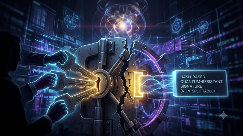 Ilustración digital de estilo futurista que muestra la puerta de una pesada bóveda de seguridad fracturada por la mitad, representando un choque de tecnologías. En el lado izquierdo, las manos de una silueta humana sostienen tres llaves brillantes de forma simultánea, etiquetadas como "Threshold Key 1/3", "2/3" y "3/3", intentando insertarlas en la cerradura principal. En el lado derecho, el mecanismo de cierre opuesto de la bóveda está compuesto por una estructura sólida de energía holográfica etiquetada con el texto "Hash-Based Quantum-Resistant Signature (Non-Splittable)". El entorno es oscuro y cibernético, iluminado por pantallas de datos, esferas de energía abstractas y gráficos de redes en tonos azules, dorados y morados, ilustrando visualmente la incompatibilidad geométrica y conceptual entre un sistema de llaves divididas y un bloque de seguridad unificado e indivisible.