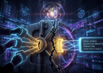 Ilustración digital de estilo futurista que muestra la puerta de una pesada bóveda de seguridad fracturada por la mitad, representando un choque de tecnologías. En el lado izquierdo, las manos de una silueta humana sostienen tres llaves brillantes de forma simultánea, etiquetadas como "Threshold Key 1/3", "2/3" y "3/3", intentando insertarlas en la cerradura principal. En el lado derecho, el mecanismo de cierre opuesto de la bóveda está compuesto por una estructura sólida de energía holográfica etiquetada con el texto "Hash-Based Quantum-Resistant Signature (Non-Splittable)". El entorno es oscuro y cibernético, iluminado por pantallas de datos, esferas de energía abstractas y gráficos de redes en tonos azules, dorados y morados, ilustrando visualmente la incompatibilidad geométrica y conceptual entre un sistema de llaves divididas y un bloque de seguridad unificado e indivisible.