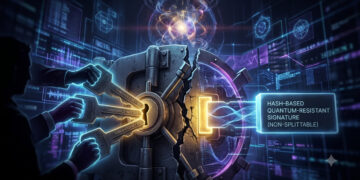 Ilustración digital de estilo futurista que muestra la puerta de una pesada bóveda de seguridad fracturada por la mitad, representando un choque de tecnologías. En el lado izquierdo, las manos de una silueta humana sostienen tres llaves brillantes de forma simultánea, etiquetadas como "Threshold Key 1/3", "2/3" y "3/3", intentando insertarlas en la cerradura principal. En el lado derecho, el mecanismo de cierre opuesto de la bóveda está compuesto por una estructura sólida de energía holográfica etiquetada con el texto "Hash-Based Quantum-Resistant Signature (Non-Splittable)". El entorno es oscuro y cibernético, iluminado por pantallas de datos, esferas de energía abstractas y gráficos de redes en tonos azules, dorados y morados, ilustrando visualmente la incompatibilidad geométrica y conceptual entre un sistema de llaves divididas y un bloque de seguridad unificado e indivisible.