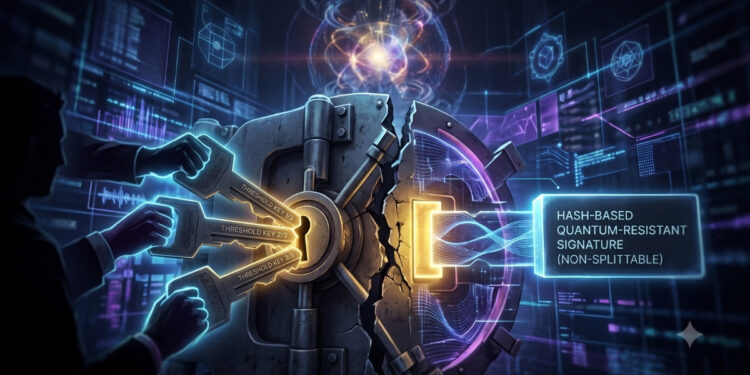 Ilustración digital de estilo futurista que muestra la puerta de una pesada bóveda de seguridad fracturada por la mitad, representando un choque de tecnologías. En el lado izquierdo, las manos de una silueta humana sostienen tres llaves brillantes de forma simultánea, etiquetadas como "Threshold Key 1/3", "2/3" y "3/3", intentando insertarlas en la cerradura principal. En el lado derecho, el mecanismo de cierre opuesto de la bóveda está compuesto por una estructura sólida de energía holográfica etiquetada con el texto "Hash-Based Quantum-Resistant Signature (Non-Splittable)". El entorno es oscuro y cibernético, iluminado por pantallas de datos, esferas de energía abstractas y gráficos de redes en tonos azules, dorados y morados, ilustrando visualmente la incompatibilidad geométrica y conceptual entre un sistema de llaves divididas y un bloque de seguridad unificado e indivisible.