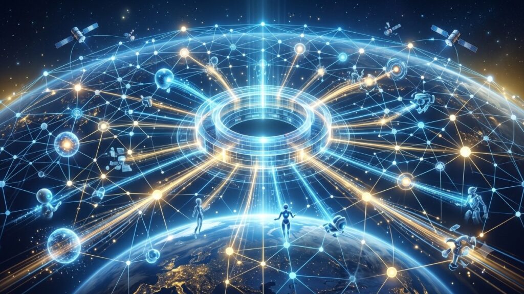 Ilustración digital futurista de la Tierra vista desde el espacio, envuelta en una densa y brillante red de nodos y líneas de energía en tonos azules y dorados. En el centro de la red destaca una imponente estructura luminosa en forma de anillo que actúa como un núcleo o portal central de datos. A lo largo de los flujos de luz que emergen del anillo, se pueden ver pequeñas figuras robóticas o cibernéticas flotando e interactuando con las conexiones, representando agentes de inteligencia artificial operando en el sistema. En el fondo, un cielo estrellado profundo y varios satélites orbitando completan la escena, transmitiendo una atmósfera de conectividad global instantánea, tecnología avanzada e interoperabilidad perfecta entre máquinas.
