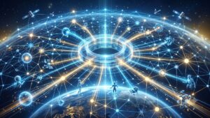 Ilustración digital futurista de la Tierra vista desde el espacio, envuelta en una densa y brillante red de nodos y líneas de energía en tonos azules y dorados. En el centro de la red destaca una imponente estructura luminosa en forma de anillo que actúa como un núcleo o portal central de datos. A lo largo de los flujos de luz que emergen del anillo, se pueden ver pequeñas figuras robóticas o cibernéticas flotando e interactuando con las conexiones, representando agentes de inteligencia artificial operando en el sistema. En el fondo, un cielo estrellado profundo y varios satélites orbitando completan la escena, transmitiendo una atmósfera de conectividad global instantánea, tecnología avanzada e interoperabilidad perfecta entre máquinas.