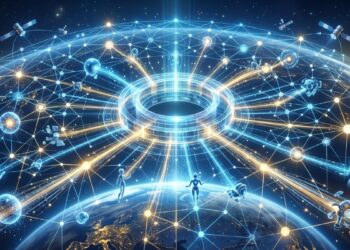 Ilustración digital futurista de la Tierra vista desde el espacio, envuelta en una densa y brillante red de nodos y líneas de energía en tonos azules y dorados. En el centro de la red destaca una imponente estructura luminosa en forma de anillo que actúa como un núcleo o portal central de datos. A lo largo de los flujos de luz que emergen del anillo, se pueden ver pequeñas figuras robóticas o cibernéticas flotando e interactuando con las conexiones, representando agentes de inteligencia artificial operando en el sistema. En el fondo, un cielo estrellado profundo y varios satélites orbitando completan la escena, transmitiendo una atmósfera de conectividad global instantánea, tecnología avanzada e interoperabilidad perfecta entre máquinas.