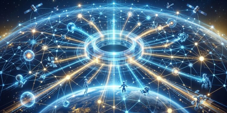 Ilustración digital futurista de la Tierra vista desde el espacio, envuelta en una densa y brillante red de nodos y líneas de energía en tonos azules y dorados. En el centro de la red destaca una imponente estructura luminosa en forma de anillo que actúa como un núcleo o portal central de datos. A lo largo de los flujos de luz que emergen del anillo, se pueden ver pequeñas figuras robóticas o cibernéticas flotando e interactuando con las conexiones, representando agentes de inteligencia artificial operando en el sistema. En el fondo, un cielo estrellado profundo y varios satélites orbitando completan la escena, transmitiendo una atmósfera de conectividad global instantánea, tecnología avanzada e interoperabilidad perfecta entre máquinas.