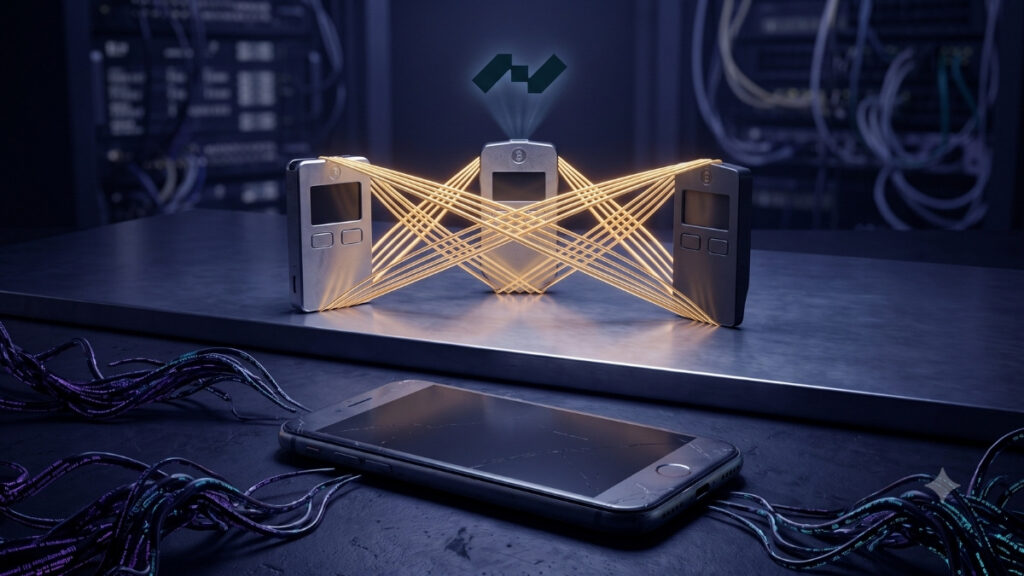 Composición digital conceptual sobre ciberseguridad. En primer plano, en un entorno oscuro, yace un teléfono inteligente con la pantalla agrietada rodeado de cables oscuros de aspecto siniestro, representando vulnerabilidad. Detrás, sobre una plataforma metálica elevada e iluminada, tres billeteras de hardware (hardware wallets) se mantienen de pie, interconectadas de forma segura mediante brillantes haces de luz dorada que simbolizan un esquema multifirma. Sobre el dispositivo central levita un holograma luminoso con el logotipo geométrico de Nunchuk. El contraste visual destaca la fragilidad del móvil frente a la fortaleza de la custodia en hardware.