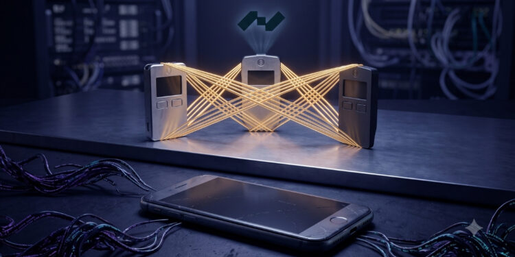 Composición digital conceptual sobre ciberseguridad. En primer plano, en un entorno oscuro, yace un teléfono inteligente con la pantalla agrietada rodeado de cables oscuros de aspecto siniestro, representando vulnerabilidad. Detrás, sobre una plataforma metálica elevada e iluminada, tres billeteras de hardware (hardware wallets) se mantienen de pie, interconectadas de forma segura mediante brillantes haces de luz dorada que simbolizan un esquema multifirma. Sobre el dispositivo central levita un holograma luminoso con el logotipo geométrico de Nunchuk. El contraste visual destaca la fragilidad del móvil frente a la fortaleza de la custodia en hardware.