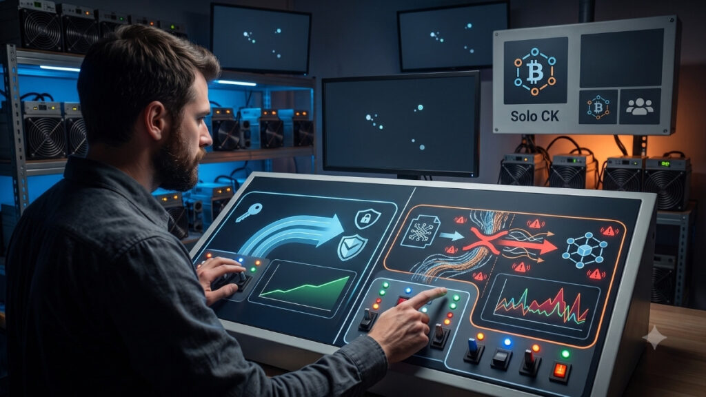 Hombre con barba operando un amplio panel de control tecnológico en una instalación llena de equipos de minería de criptomonedas. El panel iluminado está dividido en dos grandes pantallas de monitorización: la sección izquierda, en tonos azules, muestra gráficos de un flujo de datos directo y seguro, acompañados de íconos de un candado y un escudo; la sección derecha, en tonos naranjas y rojos, ilustra un esquema de red complejo con líneas entrelazadas, símbolos de advertencia y nodos de blockchain que atraviesan un claro cuello de botella. Al fondo, la sala está equipada con estantes metálicos que sostienen máquinas mineras tipo ASIC en funcionamiento, y monitores colgados en la pared, destacando uno en la parte superior derecha que exhibe un logotipo de Bitcoin y el texto «Solo CK».