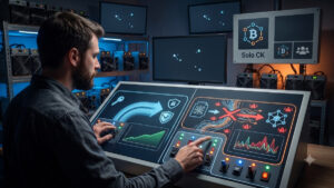 Hombre con barba operando un amplio panel de control tecnológico en una instalación llena de equipos de minería de criptomonedas. El panel iluminado está dividido en dos grandes pantallas de monitorización: la sección izquierda, en tonos azules, muestra gráficos de un flujo de datos directo y seguro, acompañados de íconos de un candado y un escudo; la sección derecha, en tonos naranjas y rojos, ilustra un esquema de red complejo con líneas entrelazadas, símbolos de advertencia y nodos de blockchain que atraviesan un claro cuello de botella. Al fondo, la sala está equipada con estantes metálicos que sostienen máquinas mineras tipo ASIC en funcionamiento, y monitores colgados en la pared, destacando uno en la parte superior derecha que exhibe un logotipo de Bitcoin y el texto «Solo CK».