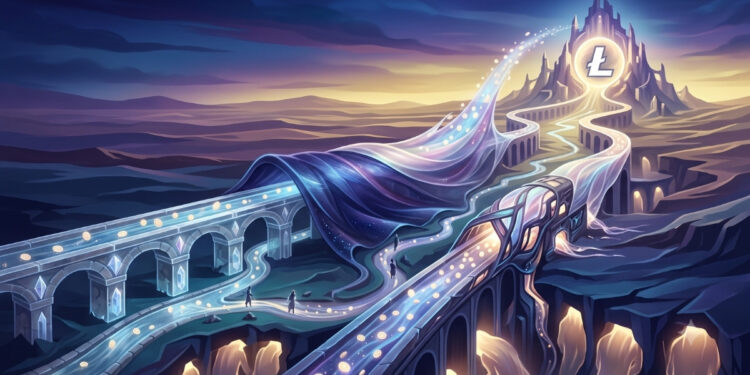 Aquí tienes una propuesta de texto alternativo (alt text) para describir la imagen: "Ilustración metafórica de un paisaje fantástico en el que dos caminos luminosos fluyen en paralelo, ascendiendo por un terreno montañoso. Un camino es abierto y brillante, representando la transparencia, mientras que el otro está parcialmente envuelto por un velo oscuro y estrellado que simboliza la privacidad. Ambos senderos superan tramos irregulares y ascienden con fuerza hasta converger en una cima resplandeciente en el horizonte. En lo más alto, coronando la estructura luminosa, destaca el logotipo plateado de Litecoin (LTC), reflejando un ascenso triunfal, crecimiento y resiliencia tras superar obstáculos.