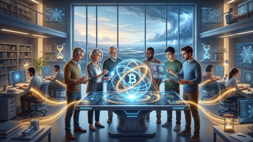 Ilustración digital de un moderno laboratorio de investigación tecnológica de dos niveles. Un grupo diverso de seis profesionales y científicos se reúne alrededor de una mesa interactiva que proyecta un holograma de una estructura atómica azul y dorada con el símbolo de Bitcoin (₿) en el centro. El grupo examina la visualización. En el fondo, otras personas trabajan en computadoras con gráficos de red complejos. Líneas de luz dorada conectan las estaciones de trabajo a la mesa central. Un gran ventanal muestra un paisaje con una tormenta lejana, flanqueado por estanterías de libros, pantallas de datos y equipos científicos futuristas.