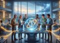 Ilustración digital de un moderno laboratorio de investigación tecnológica de dos niveles. Un grupo diverso de seis profesionales y científicos se reúne alrededor de una mesa interactiva que proyecta un holograma de una estructura atómica azul y dorada con el símbolo de Bitcoin (₿) en el centro. El grupo examina la visualización. En el fondo, otras personas trabajan en computadoras con gráficos de red complejos. Líneas de luz dorada conectan las estaciones de trabajo a la mesa central. Un gran ventanal muestra un paisaje con una tormenta lejana, flanqueado por estanterías de libros, pantallas de datos y equipos científicos futuristas.
