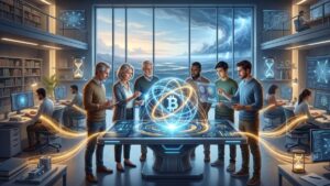 Ilustración digital de un moderno laboratorio de investigación tecnológica de dos niveles. Un grupo diverso de seis profesionales y científicos se reúne alrededor de una mesa interactiva que proyecta un holograma de una estructura atómica azul y dorada con el símbolo de Bitcoin (₿) en el centro. El grupo examina la visualización. En el fondo, otras personas trabajan en computadoras con gráficos de red complejos. Líneas de luz dorada conectan las estaciones de trabajo a la mesa central. Un gran ventanal muestra un paisaje con una tormenta lejana, flanqueado por estanterías de libros, pantallas de datos y equipos científicos futuristas.
