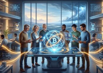 Ilustración digital de un moderno laboratorio de investigación tecnológica de dos niveles. Un grupo diverso de seis profesionales y científicos se reúne alrededor de una mesa interactiva que proyecta un holograma de una estructura atómica azul y dorada con el símbolo de Bitcoin (₿) en el centro. El grupo examina la visualización. En el fondo, otras personas trabajan en computadoras con gráficos de red complejos. Líneas de luz dorada conectan las estaciones de trabajo a la mesa central. Un gran ventanal muestra un paisaje con una tormenta lejana, flanqueado por estanterías de libros, pantallas de datos y equipos científicos futuristas.