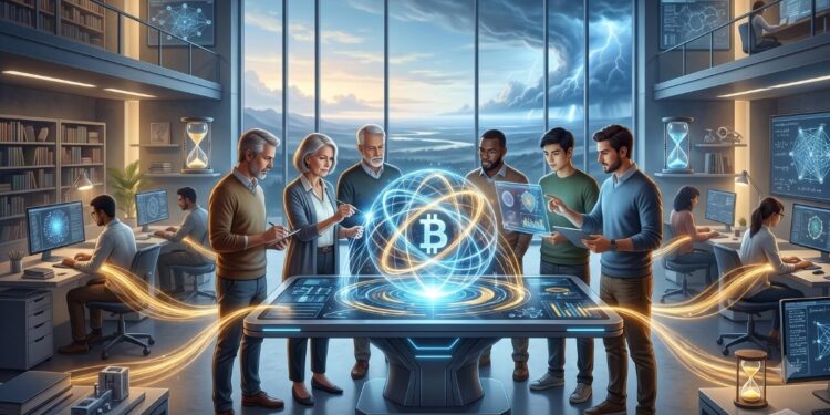 Ilustración digital de un moderno laboratorio de investigación tecnológica de dos niveles. Un grupo diverso de seis profesionales y científicos se reúne alrededor de una mesa interactiva que proyecta un holograma de una estructura atómica azul y dorada con el símbolo de Bitcoin (₿) en el centro. El grupo examina la visualización. En el fondo, otras personas trabajan en computadoras con gráficos de red complejos. Líneas de luz dorada conectan las estaciones de trabajo a la mesa central. Un gran ventanal muestra un paisaje con una tormenta lejana, flanqueado por estanterías de libros, pantallas de datos y equipos científicos futuristas.