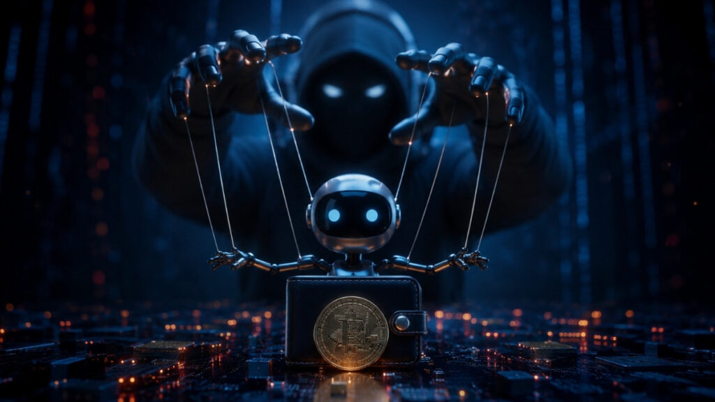 Ilustración de un agente de inteligencia artificial manipulado por una figura encapuchada mediante hilos, frente a una billetera de criptomonedas sobre un entorno digital que simboliza los nuevos riesgos de seguridad para los sistemas autónomos.