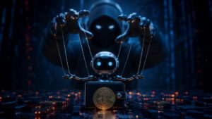 Ilustración de un agente de inteligencia artificial manipulado por una figura encapuchada mediante hilos, frente a una billetera de criptomonedas sobre un entorno digital que simboliza los nuevos riesgos de seguridad para los sistemas autónomos.