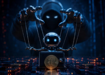 Ilustración de un agente de inteligencia artificial manipulado por una figura encapuchada mediante hilos, frente a una billetera de criptomonedas sobre un entorno digital que simboliza los nuevos riesgos de seguridad para los sistemas autónomos.