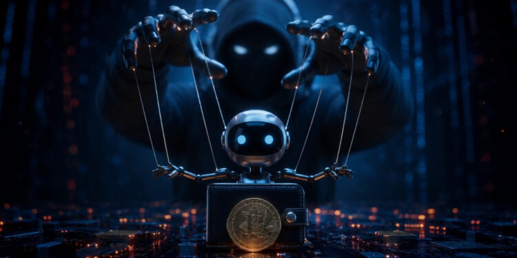 Ilustración de un agente de inteligencia artificial manipulado por una figura encapuchada mediante hilos, frente a una billetera de criptomonedas sobre un entorno digital que simboliza los nuevos riesgos de seguridad para los sistemas autónomos.