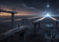 Una ilustración digital cifi-futurista a gran escala que representa un paisaje de red desconectado y desolado. En el primer plano a la izquierda, una figura solitaria de espaldas, con una mochila, está parada en el borde de un puente de concreto colapsado y roto, mirando hacia el horizonte. Varios puentes y pasos elevados paralelos también están rotos en el medio y primer plano, con cables de datos y electricidad colgando y deshilachados. Un puente a la derecha muestra una red de alambres y una cadena rota. A lo lejos, en el horizonte oscuro y nublado, brilla una metrópolis futurista brillante con una torre central alta que irradia luz azul brillante hacia el cielo. Senderos de datos de luz fluyen de la ciudad hacia el primer plano, pero se disipan en la oscuridad del páramo desolado. El cielo tiene flujos de código desvaneciéndose en las nubes, transmitiendo una sensación de desconexión de red y abandono de infraestructura.