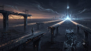 Una ilustración digital cifi-futurista a gran escala que representa un paisaje de red desconectado y desolado. En el primer plano a la izquierda, una figura solitaria de espaldas, con una mochila, está parada en el borde de un puente de concreto colapsado y roto, mirando hacia el horizonte. Varios puentes y pasos elevados paralelos también están rotos en el medio y primer plano, con cables de datos y electricidad colgando y deshilachados. Un puente a la derecha muestra una red de alambres y una cadena rota. A lo lejos, en el horizonte oscuro y nublado, brilla una metrópolis futurista brillante con una torre central alta que irradia luz azul brillante hacia el cielo. Senderos de datos de luz fluyen de la ciudad hacia el primer plano, pero se disipan en la oscuridad del páramo desolado. El cielo tiene flujos de código desvaneciéndose en las nubes, transmitiendo una sensación de desconexión de red y abandono de infraestructura.